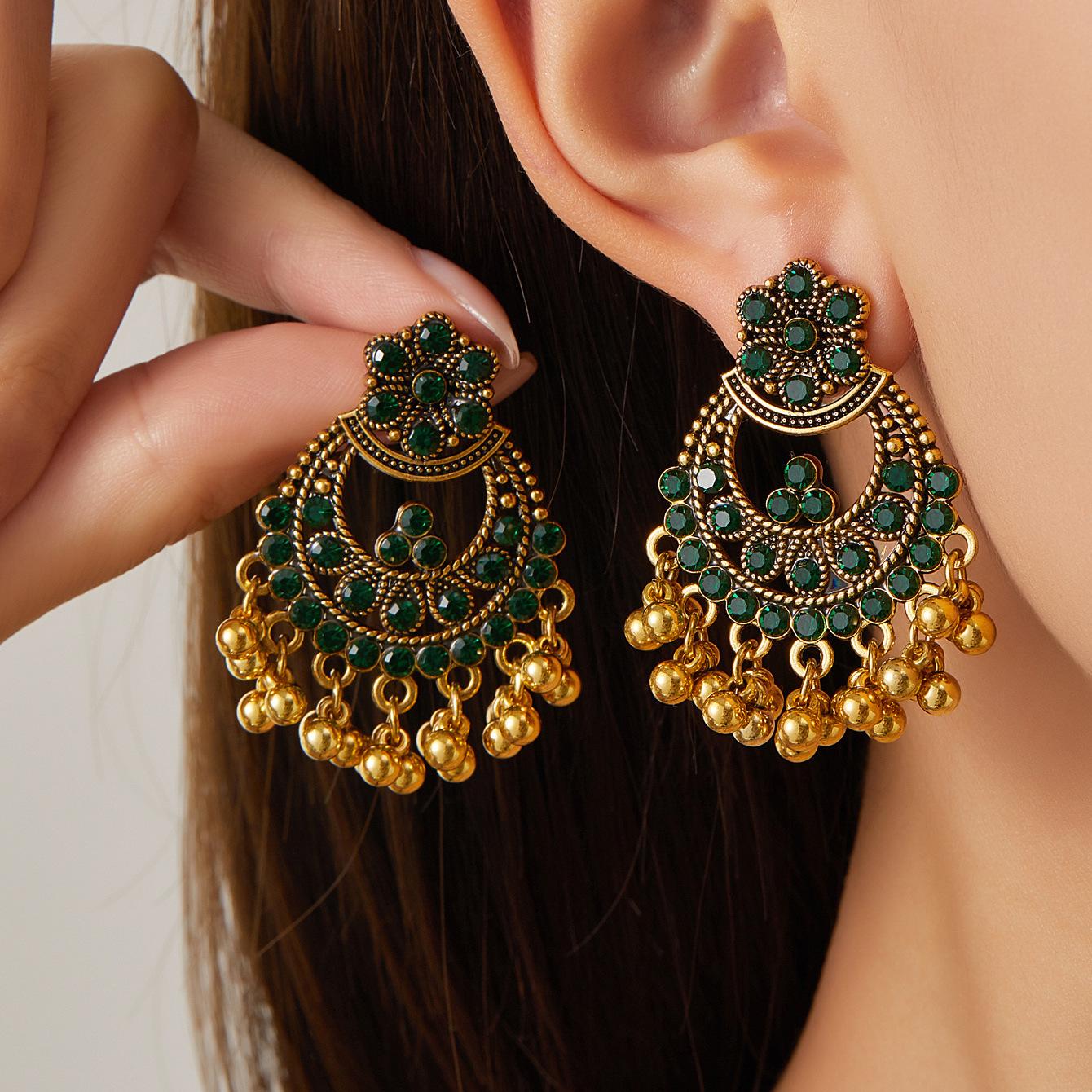 Retro Rhinestone Flower Tassel Earrings - Ethnic Bohemian Studs