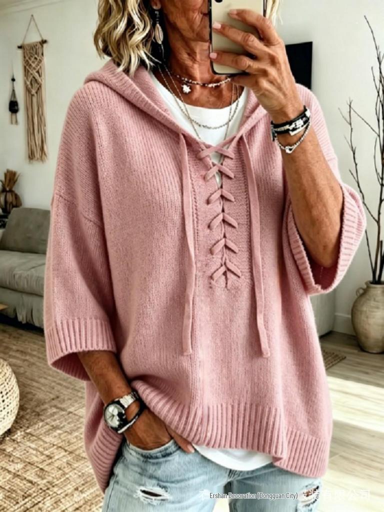 2026 Autumn/Winter Women's European & American Lace-up Hooded Sweater: Casual Loose Fit, Lazy Style Knitwear with Drop Shoulders