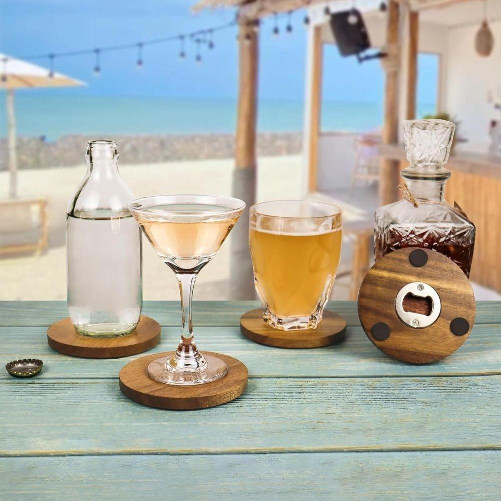 6PCS Round Insulated Cup Pad 2 in 1 Party Cup Mat Set Wood Coaster with Bottle Opener  Dining Table