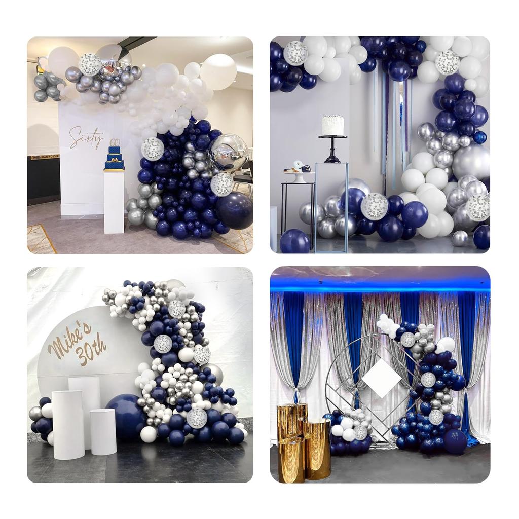 En Stock 132pcs Guirlande de Ballons Bleu Marine Blanc Ballons Confettis Métalliques Argentés pour Anniversaire Baby Shower Mariage