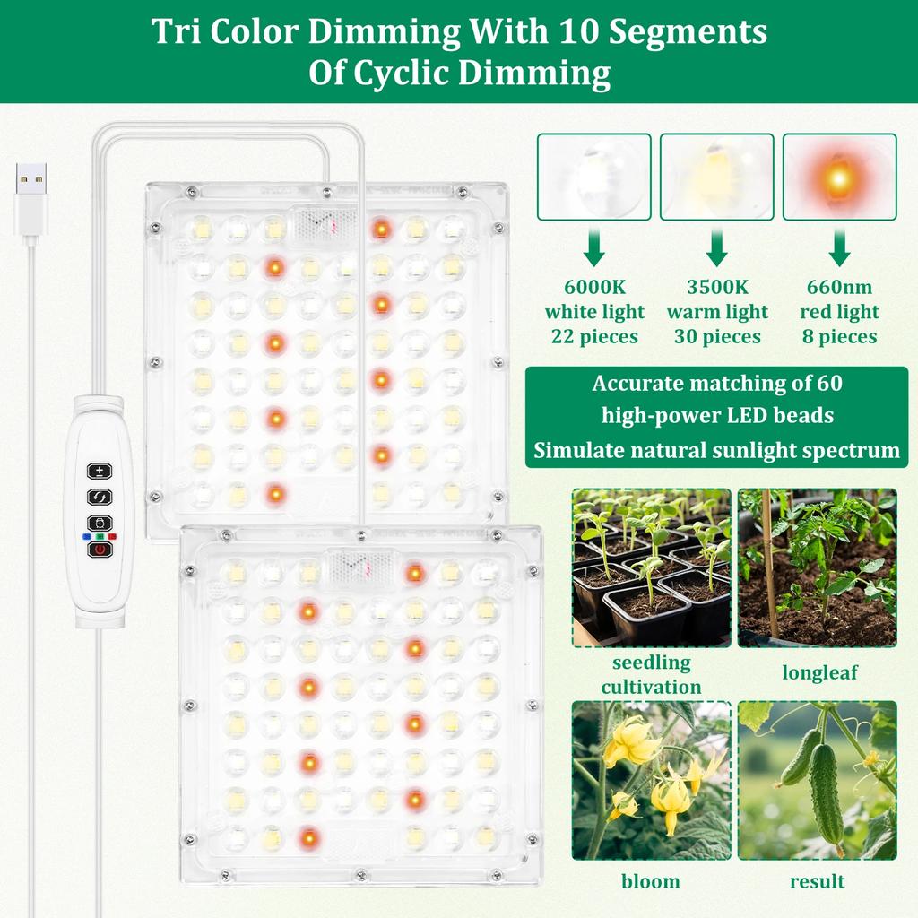 LED Grow Panel Light Ultra-thin Full Spectrum Hydroponic Indoor Plant Lamp with Timer 3‑Color Dimming Waterproof Home Garden