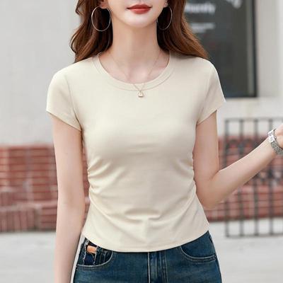 T-shirt da donna in cotone filettato a spalle positive, maglia intima, manica corta aderente, sottile, per primavera ed estate