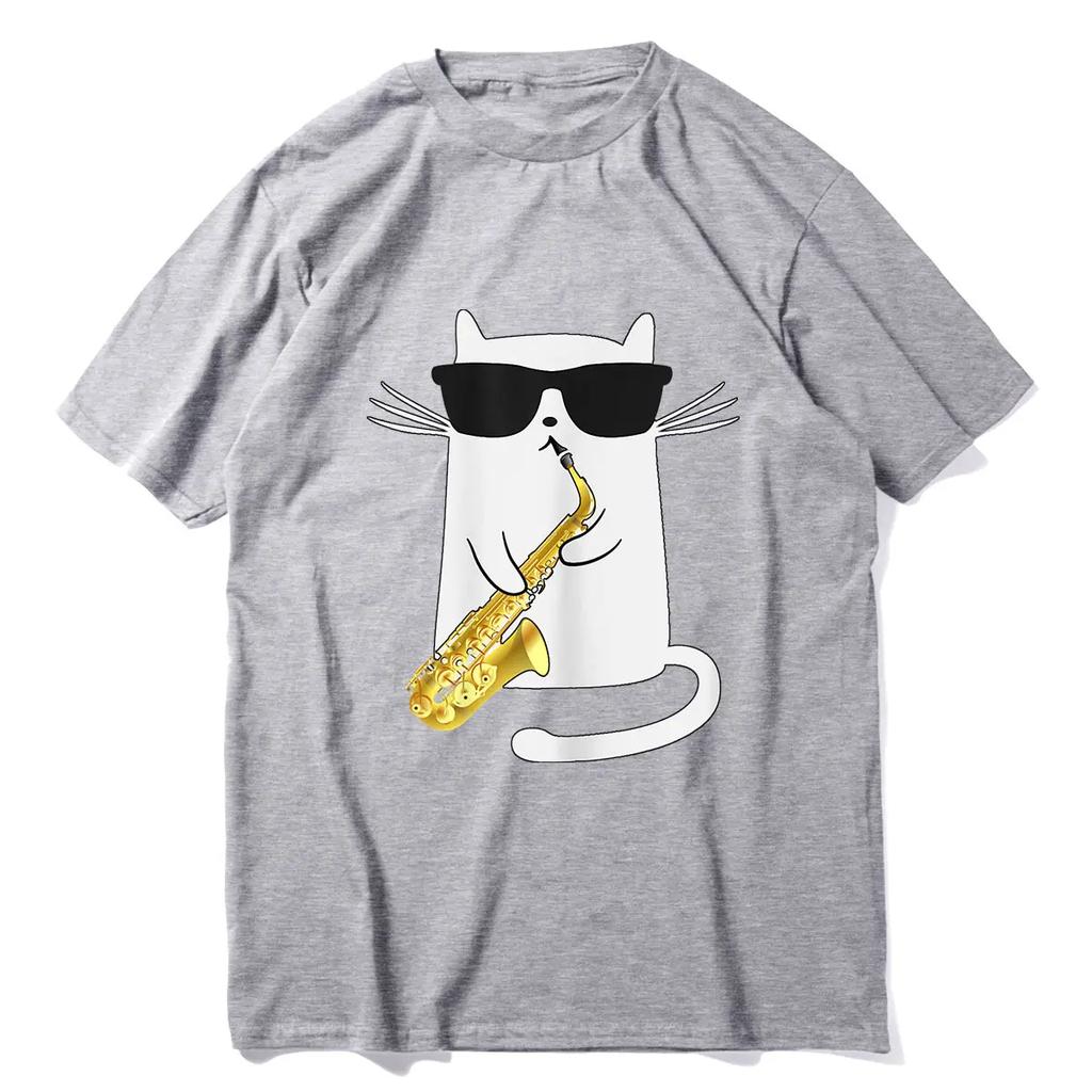 Oversized Casual Tee Clothing Streetwear Unisex 100 Cotton Funny Cat Shirt Saxophone Music Gift Men TShirt
