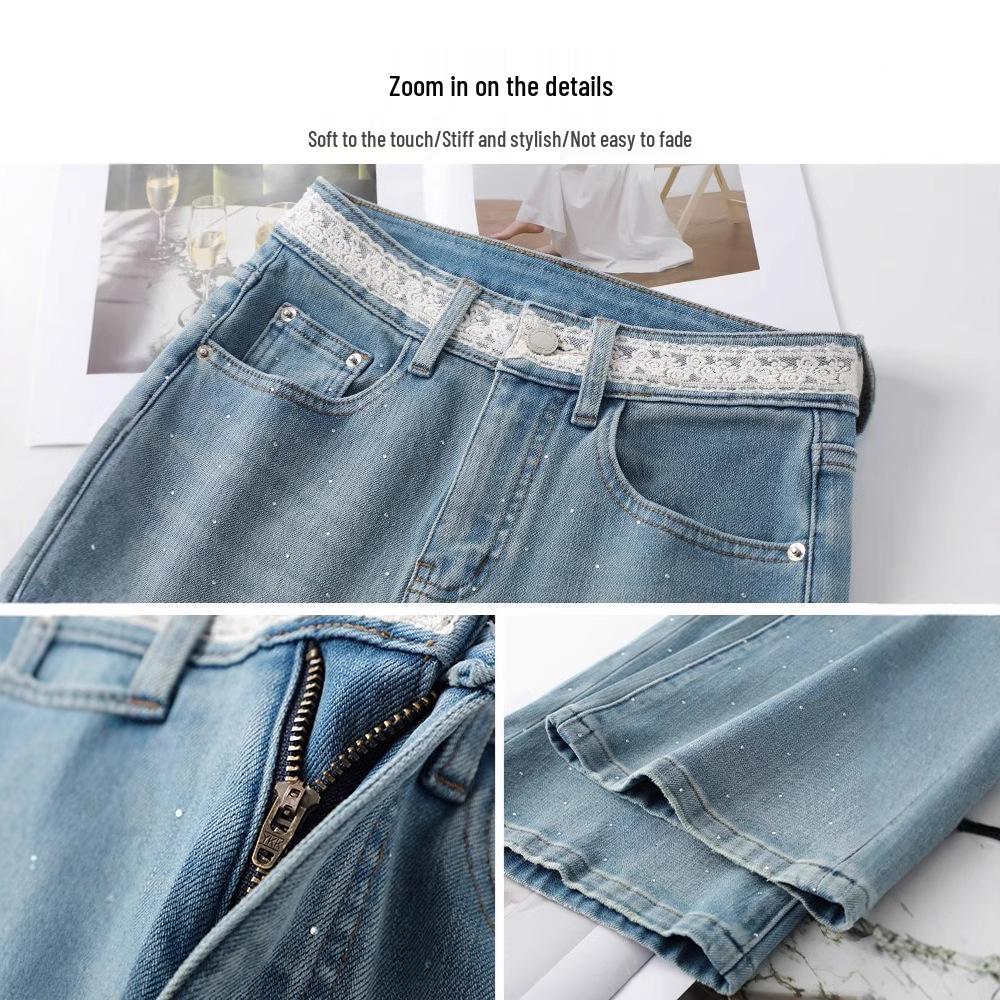 Light Color Rhinestone Lace Flared Jeans - Women's 2025 Retro Style