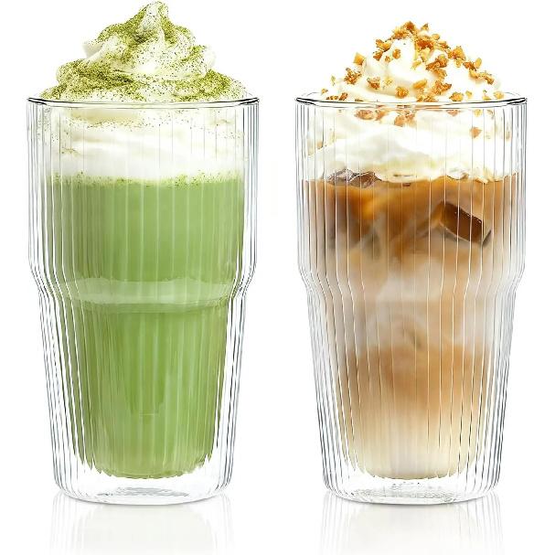KEMORELA 2PCS Borosilicate 473ML Double Wall Tumbler Glass Coffee Mugs with Striped Design for Iced Coffee,Bubble Tea and Juice 473ML