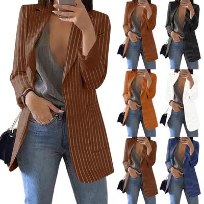 Women Stripe Open Front Pockets Cardigan Formal Suit Long Sleeve Blouse Coat