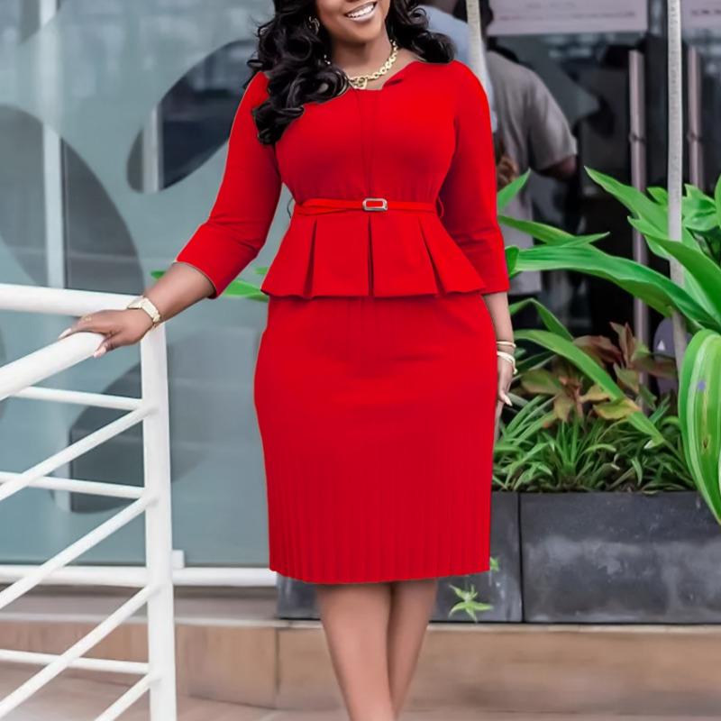 Women V Neck High Waist Solid Pencil Midi Office Commuting Dress