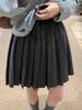 Women's Gray Wool Pleated A-line Mini Skirt with Elastic High Waist and Drawstring - College Style for Autumn and Winter