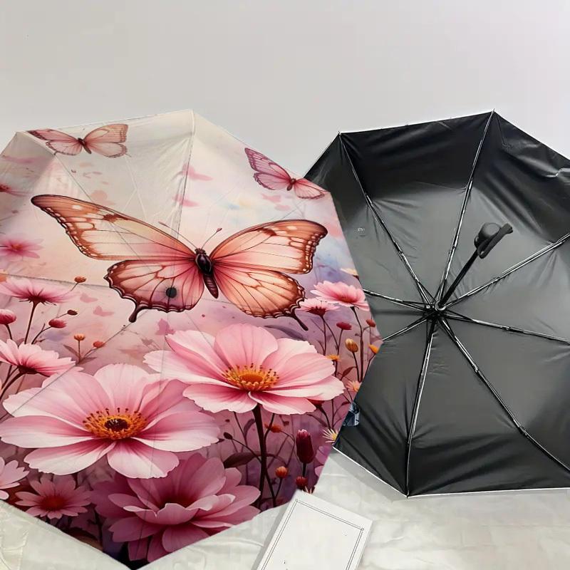 1pc Butterfly Flowers Automatic Open/Close Umbrella Compact Folding Umbrella with 8-Rib Shaft for Women/Men, Portable Travel Umbrella,1181S
