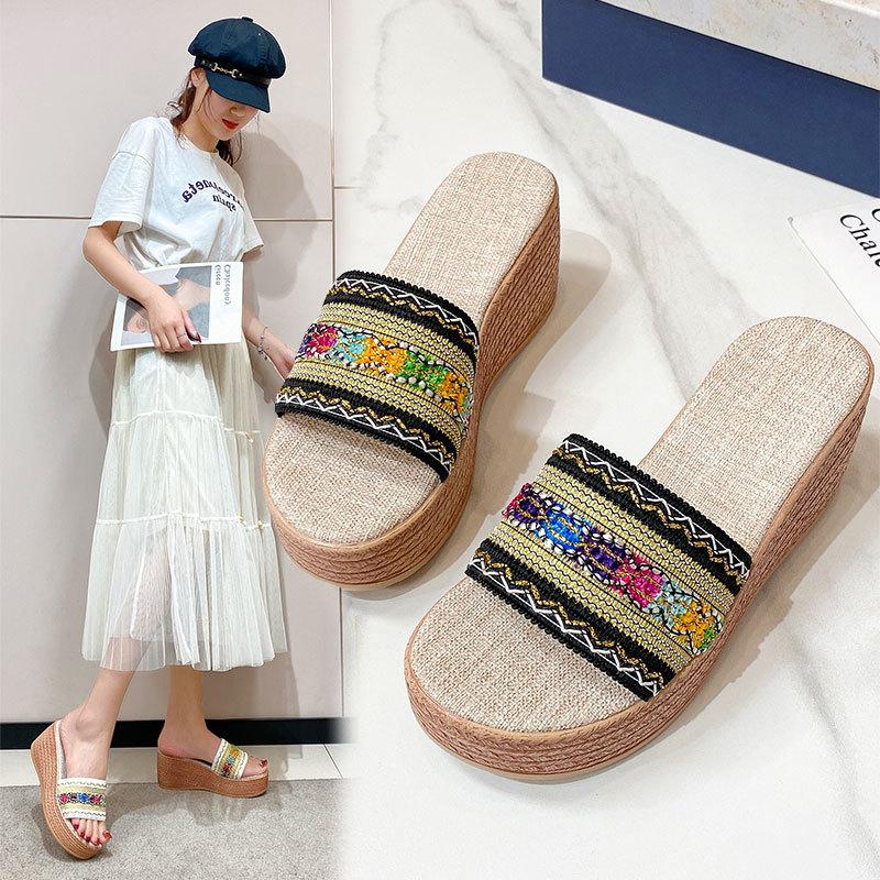 Damen Überweite Bunte Gewebte Plateau-Sandalen - Afrikanisch Inspirierte Klobige Sohle Pantoletten, Böhmische Sommersandalen