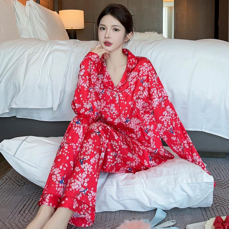 Spring and Autumn New Women's Ice Silk Pajamas Homewear Suit Big Red Senior Sense of Life Temperament Pajamas Homewear