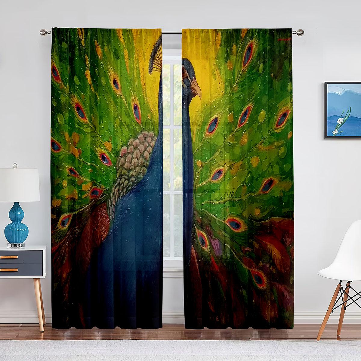 

Color Peacock Oil Painting Sheer Voile Curtains for Living Room Bedroom Kitchen Decor Modern Transparent Tulle Window Curtains 1 PCS W200XH250cm&Grommet Top