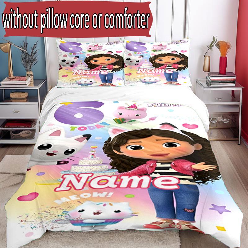 3pcs Duvet Cover Set (1*Duvet Cover + 2*Pillowcase, Without Core), Custom Name Gabby's Dollhouse Pattern Bedding Set, Home Bedroom Decor Gift
