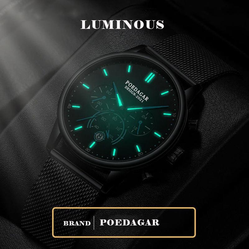 Men Watch Fashion Chronograph Slim Stainless Steel Mesh Quartz Men's Wristwatch Waterproof Luminous Date Sport Watch