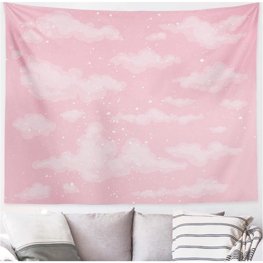 Pink Cloud Tapestry for Bedroom Decor, Aesthetic Home Decorations for Backdrop, Cute White Heaven Sky Tapestries, Wall Hanging
