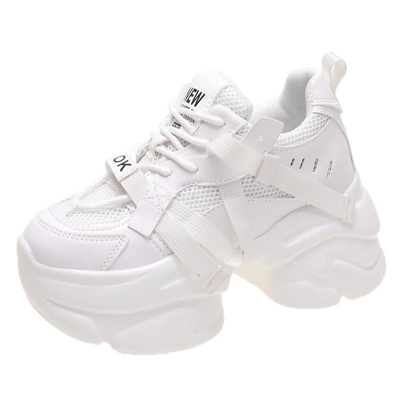 White Chunky Sneakers Women New Autumn Hidden Heel Platform Sports Dad Shoes Woman Lace Up Breathable Mesh Casual Shoes 8CM