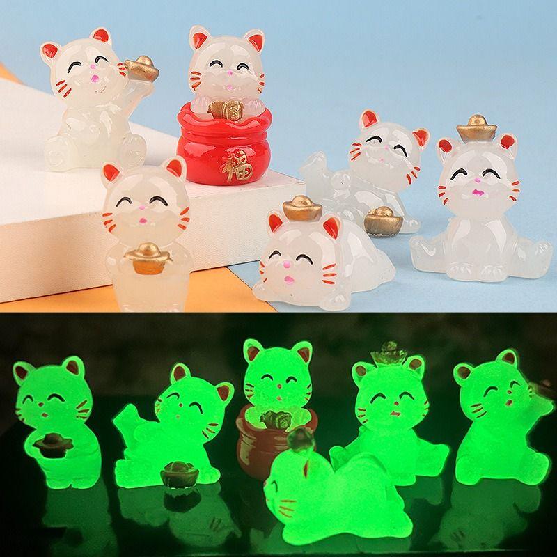 6 STuks Creatieve Gloeiende Gelukskat Micro Landschap DIY Decoratie Lichtgevende Kat Mini Beeldjes Auto Kantoor Bureau Decoraties