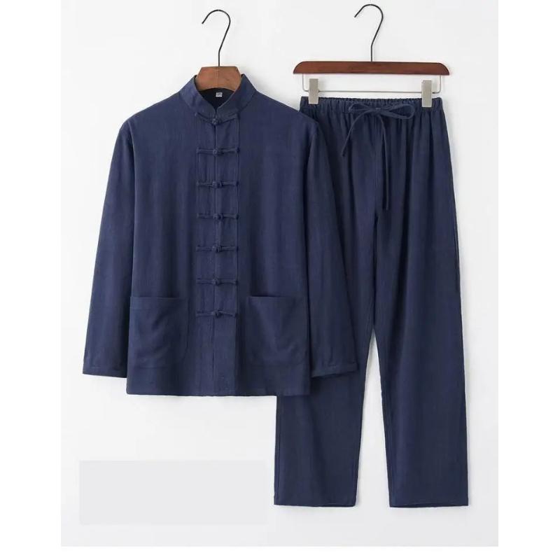 Herren Baumwolle Leinen Tang Anzug Langarm Set Retro Knopfleiste Herrenbekleidung Mittleren Alters und Ältere Locker Tai Chi Anzug