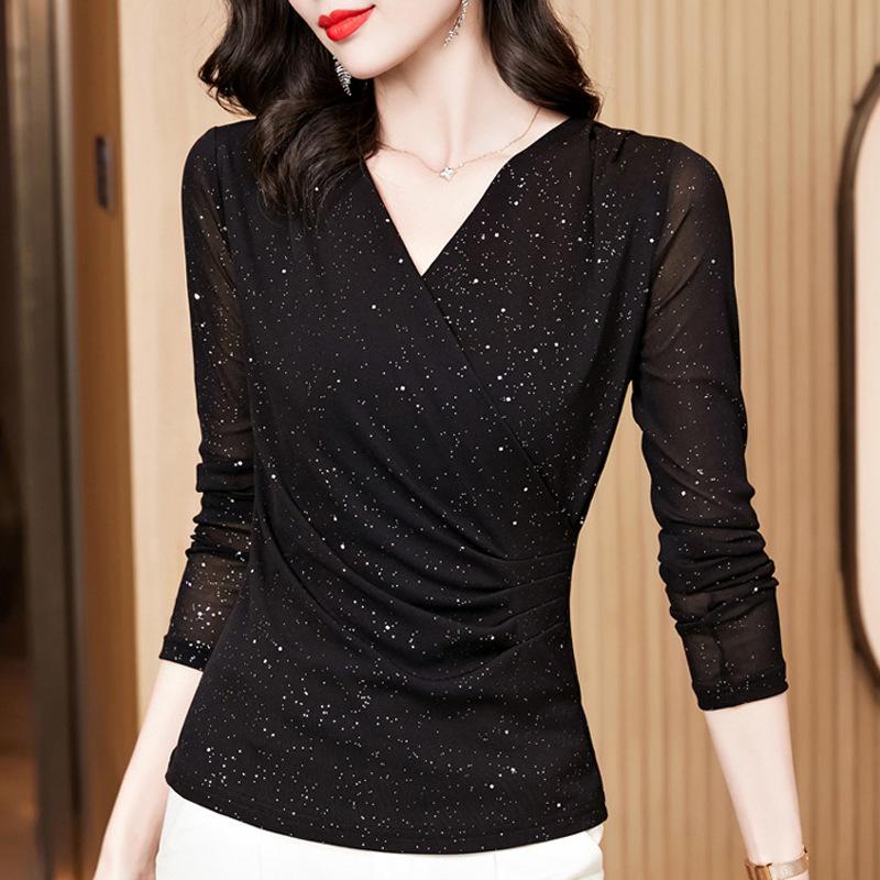 

Жіночий топ з V-подібним вирізом, сітчастими довгими рукавами та блискучим шовком - Стильна внутрішня сорочка на осінь 2023 3XL чорний