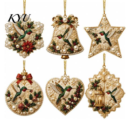Acrylic Santa Hanging Ornaments 6 Pcs Christmas Pearl Art Ornaments, 2D Flat Holiday Tree Pendant, Decorations Effect Decoration for Home Wall