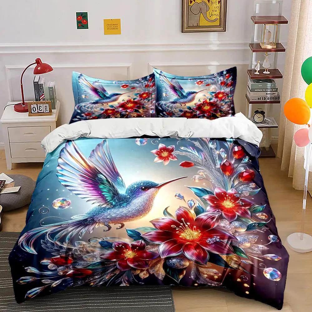 Hummingbird Floral Jewel Decor Bedding Set with 1 Duvet Cover 2 Pillowcases Single Double King Queen Gift