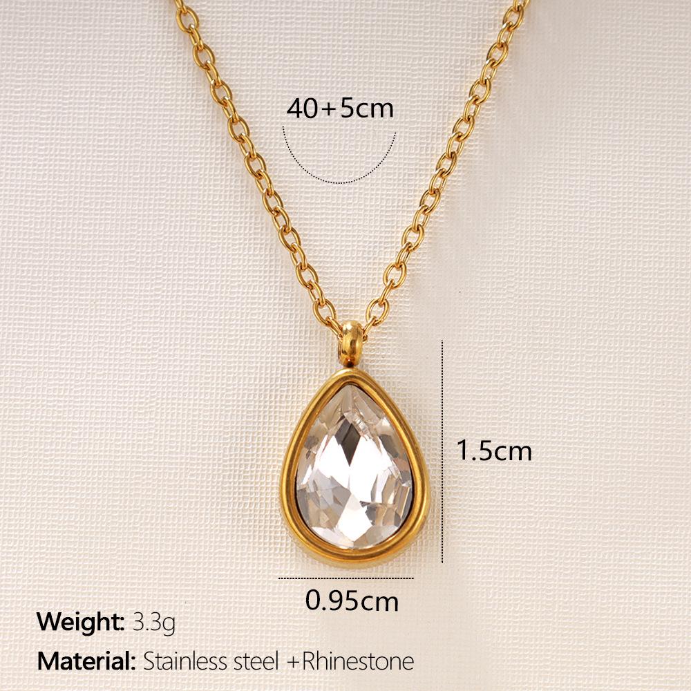 18K Gold Plated Stainless Steel Water Drop Diamond Pendant Necklace for Women - French Light Luxury Style