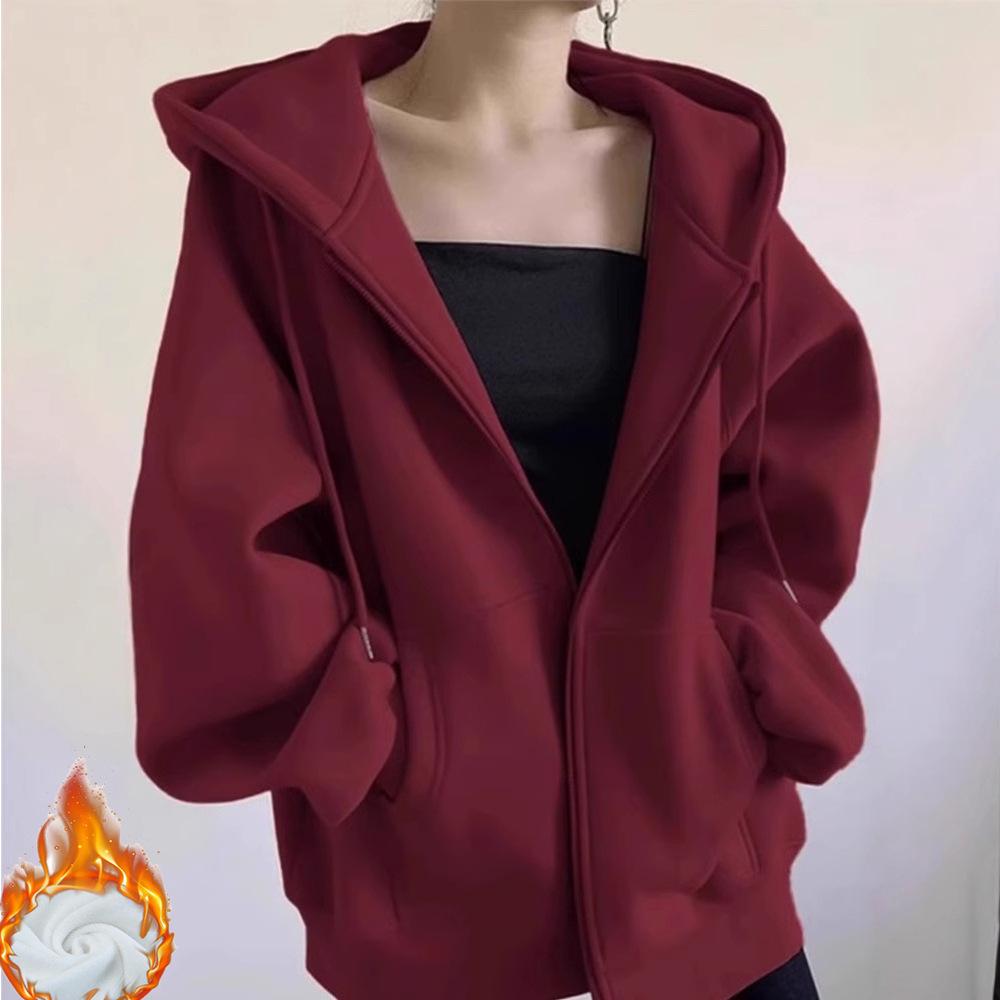 Women's Retro American-Style Hooded Cotton Cardigan with Plus Velvet for Autumn/Winter 2025