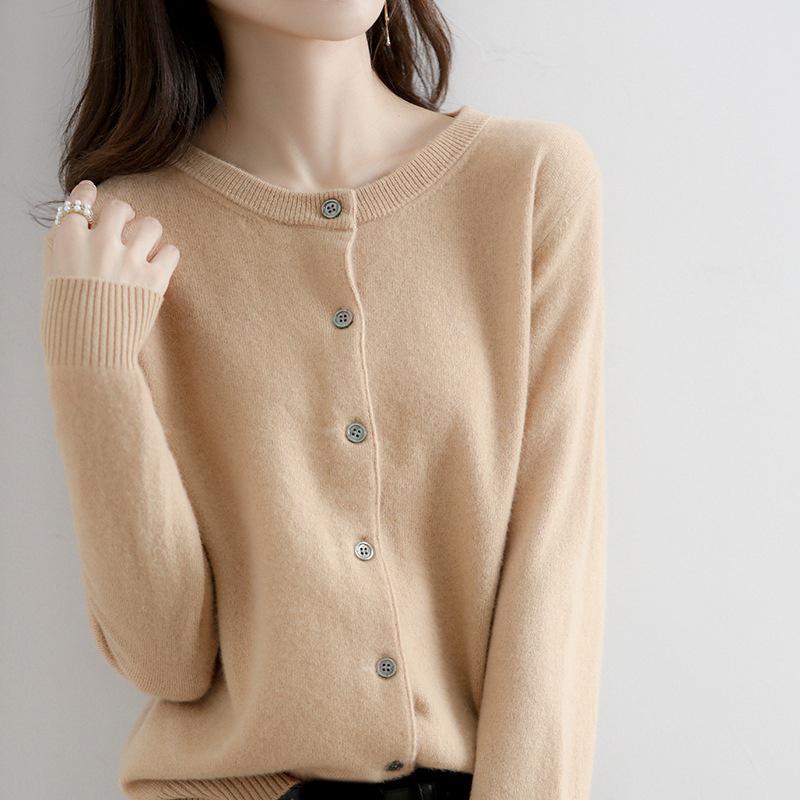 Women Single Breasted Chic Cardigan Fashion Solid Color Long Sleeve Round Neck Autumn Winter Sweater Casual Office Lady Jumpers