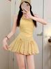 Yellow Polka Dot Bow Lantern Skirt for Women - Spring/Summer High Waist, Puffy and Playful Style.