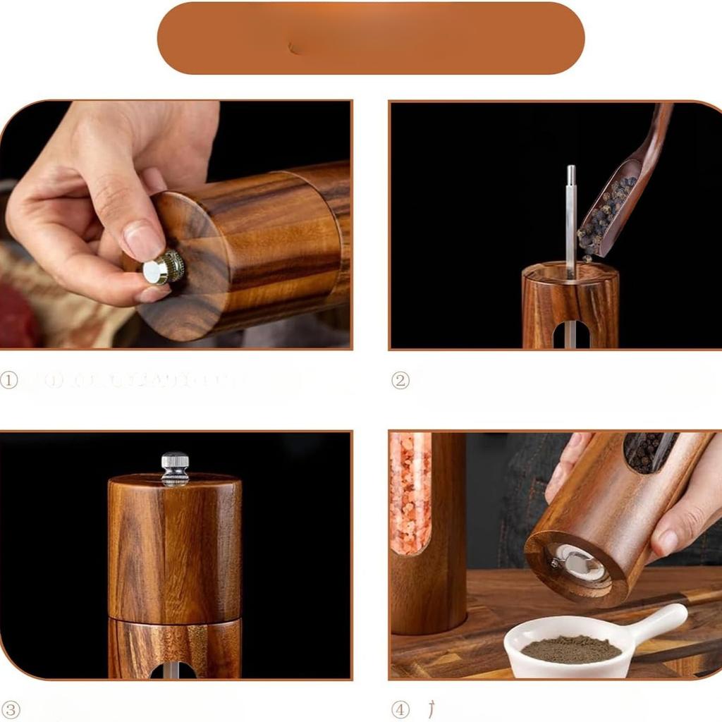 Wooden Salt and Pepper Grinder,8 Inch Manual Pepper Mill Adjustable Coarseness Refillable,Acacia Wood Pepper Shakers for Kitchen