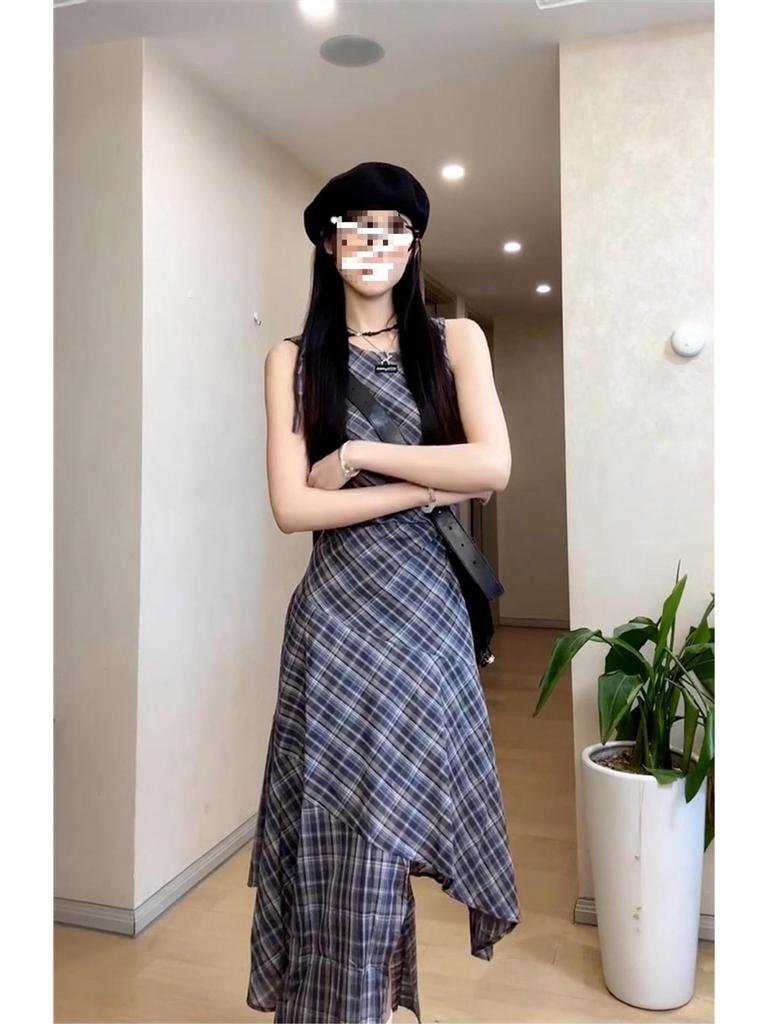 Women's Summer Plaid Vest Dress - American Street Style, Niche Design, Mid-Length Irregular Skirt