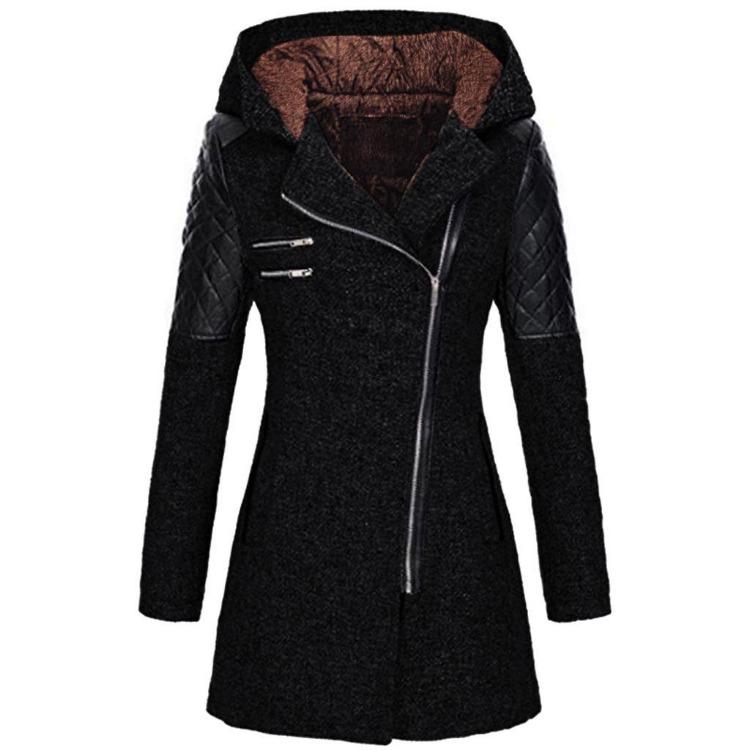 Warm Winter Coat Women Mid Length Woolen Hooded Windbreaker with Oblique Zipper