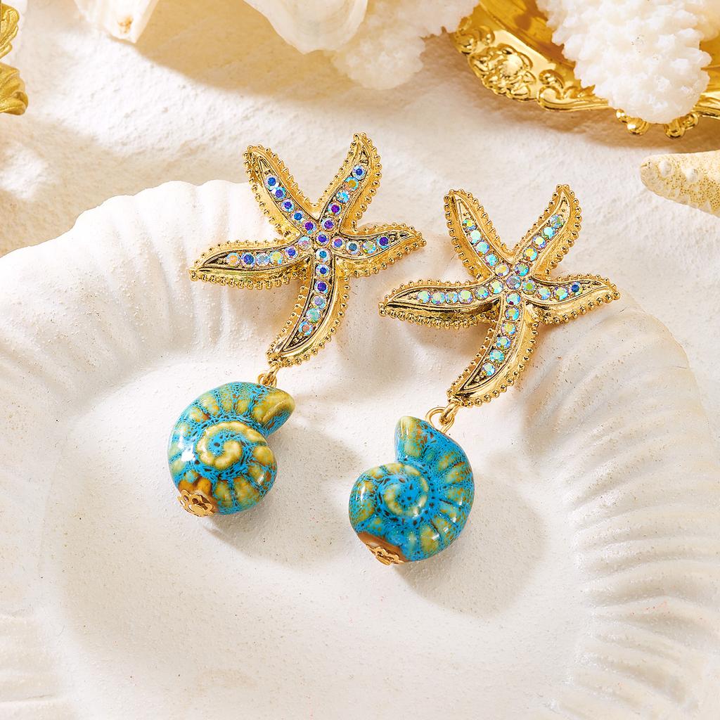 Bohemia Starfish Conch Pendant Earrings for Women Retro Colorful Zircon Irregular Geometric Ocean Earring Party Vacation Jewelry
