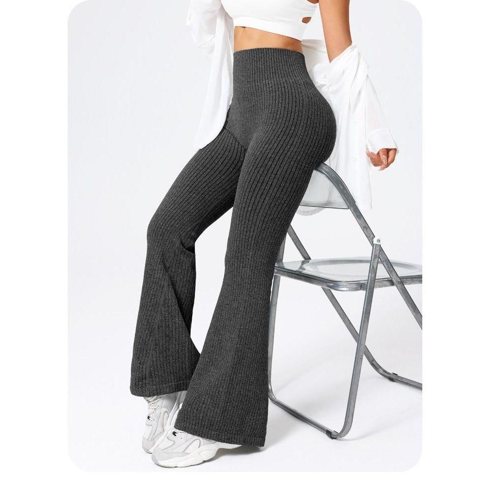 Women's Yoga Pants, High Waist Flared Knit Pants, Black Casual Pants, Comfortable Stretch Fabric