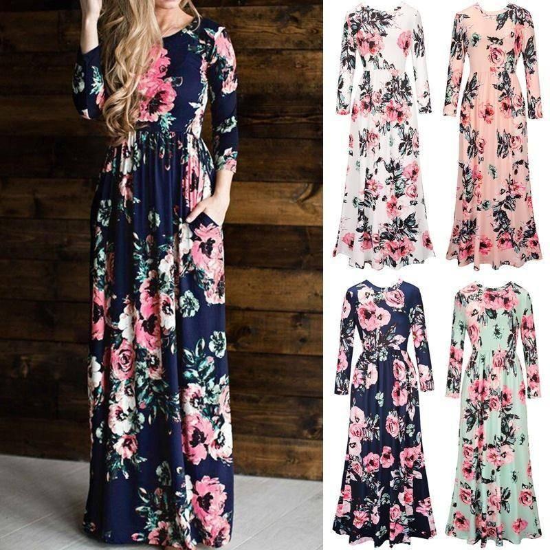 Elegant Summer Floral Print Long Sleeve Dress For Women In White Pink Green And Navy Blue