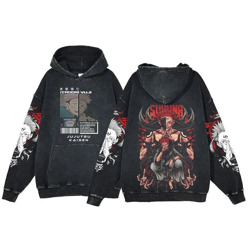 Anime Jujutsu Kaisen Ryomen Sukuna Print Washed Hooded Men Manga Vintage Hoodies Casual Cotton Streetwear Harajuku Sweatshirt