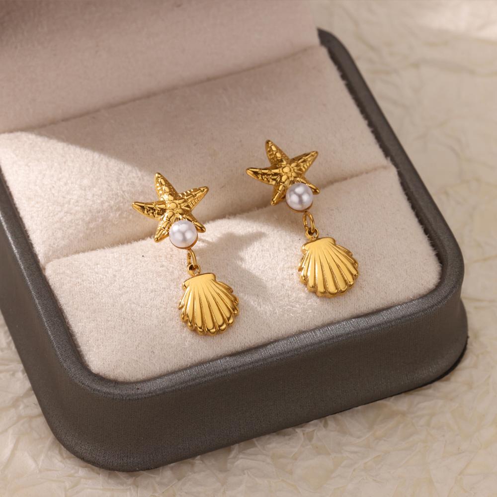 Pearl Starfish Shell Dangle Earrings For Women Gold Color Stainless Steel Earrings Aesthetic Boho Jewelry Summer Beach Gifts