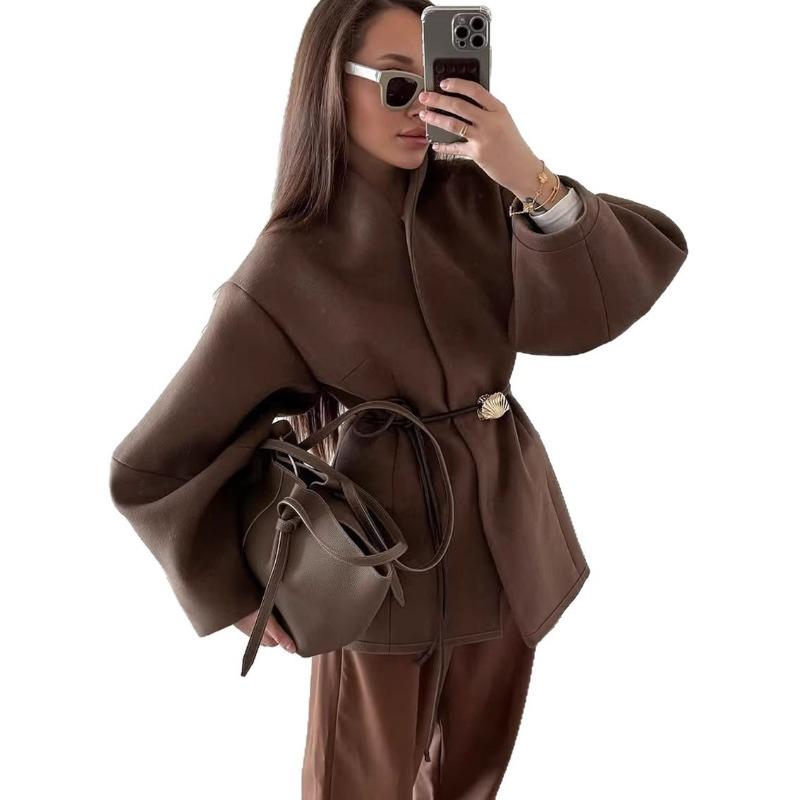 Women Brown Waisted V Neck Long Sleeve Casual Woolen Coat