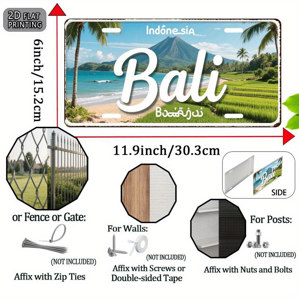 Bali Indonesia Vintage Metal License Plate -  Aluminum Wall Art with Tropical Beach & Volcano Design, Rustic Home Decor for Li