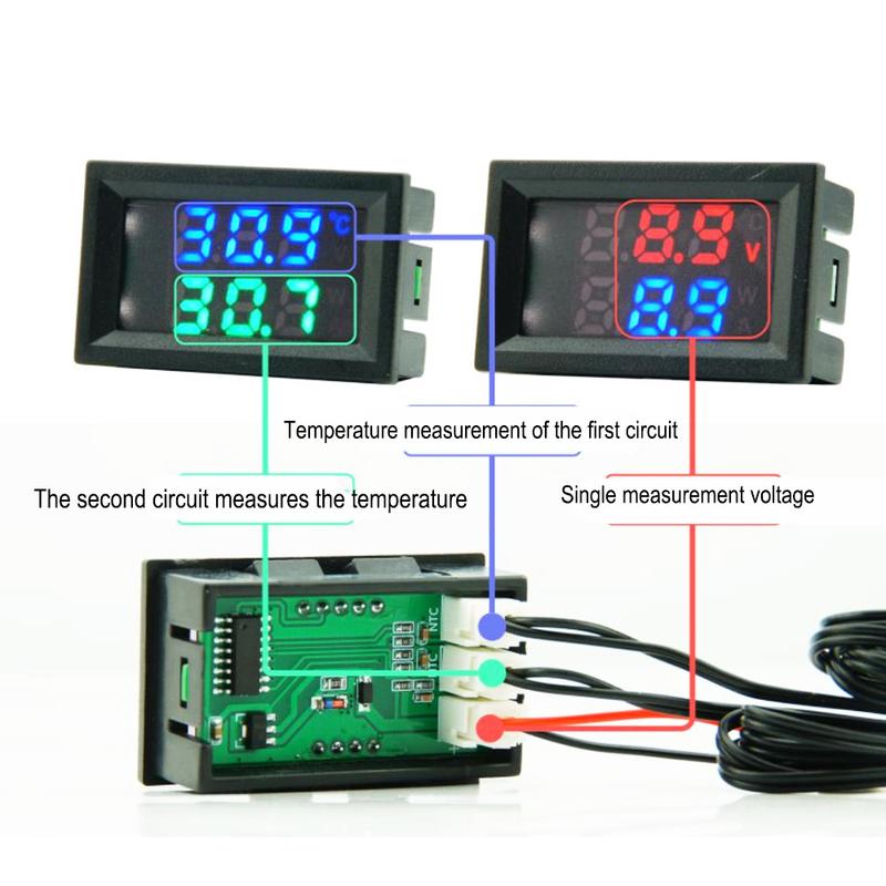 DC4-30V Voltmeter Thermometer 2in1 LED Digital Dual Display Voltage Meter Temperature Sensor Tester with NTC3950 Probe Cable