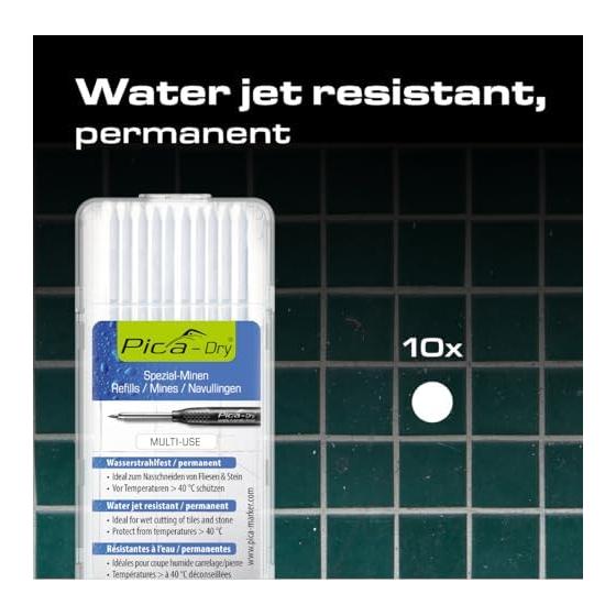 Pica-Marker Refill Leads for "Dry" Construction Pencils - White (10 pcs) - Ideal for Marking on Dark Surfaces - Refill for 3030 - Easy-Open Case,