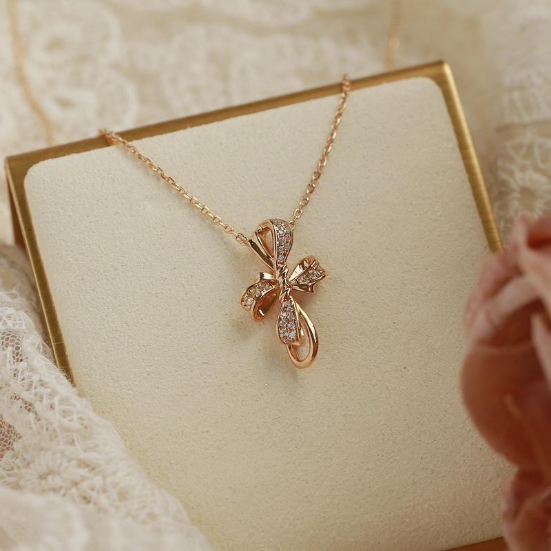 18K Gold-Plated S925 Sterling Silver French Bow Zirconia Pendant Necklace - Elegant Gift 925 Silver