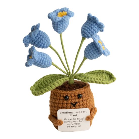 Heklet potteplante med positivt kort Emosjonell støtte Håndlaget strikket potteplante Dukke Stressreduserende leketøy Skrivebordsdekorasjon Ornament