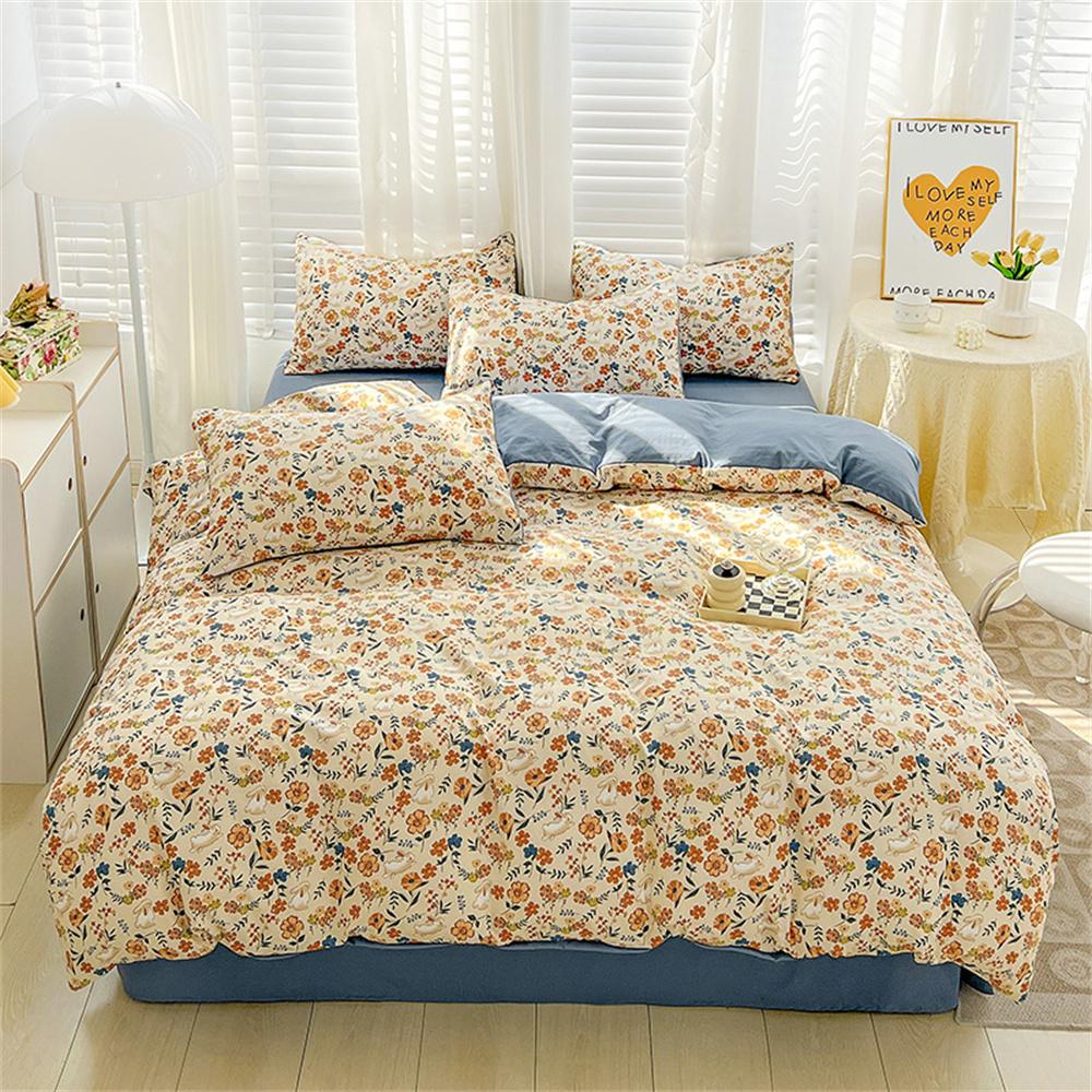 Four-piece Bedding Set Simple Duvet Cover Plant Flower Bed Sheet Adults and Kids Washed Cotton Pillowcase Home Textiles