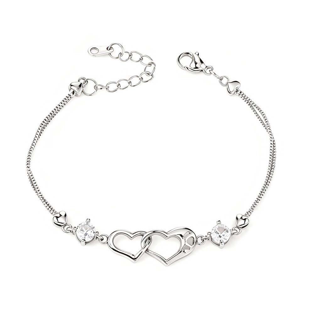 Women Fashion Gold Plated Interlocking Double Heart Zircon Bracelet Thin Double Chain Love Friendship Bracelet Bulk