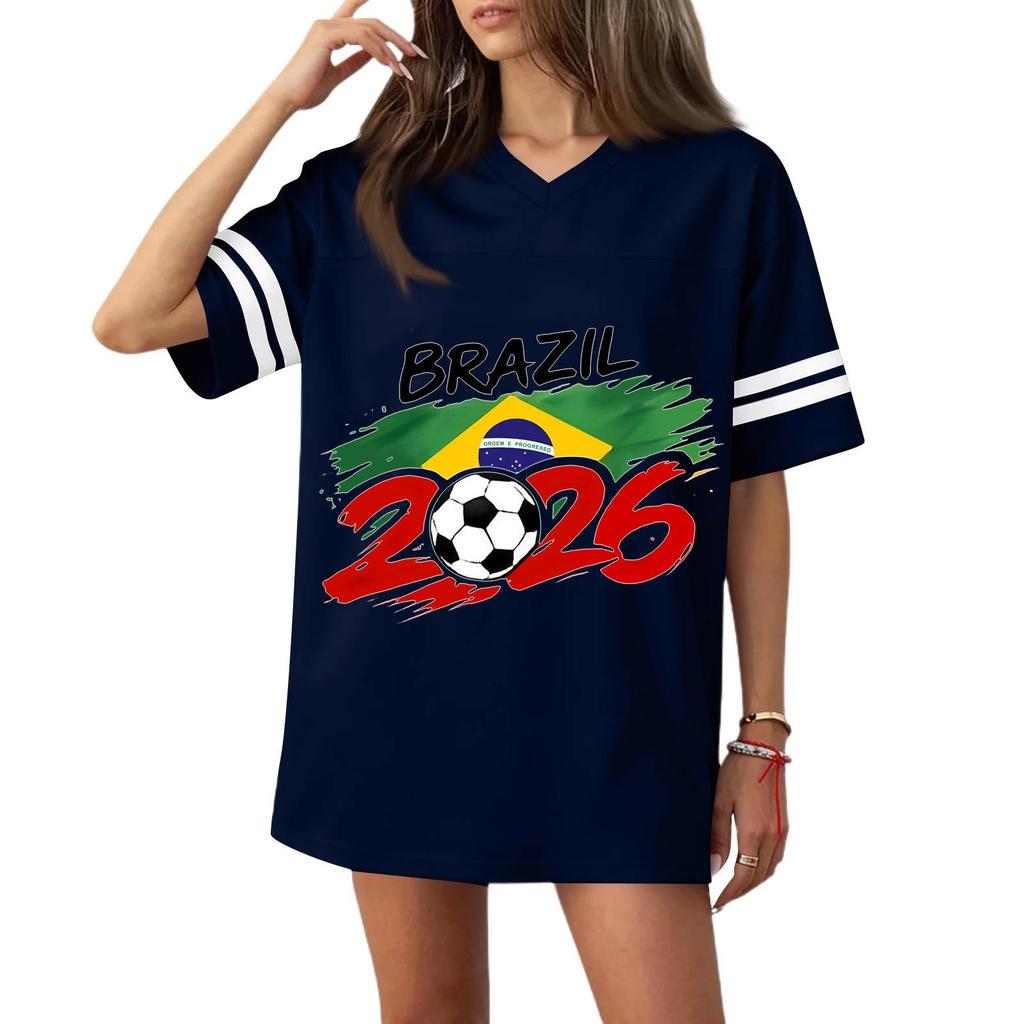 Women V Neck Short Sleeve Casual Top with Football Flag Print Loose Fit Sports T Shirt for 2026 Event Design