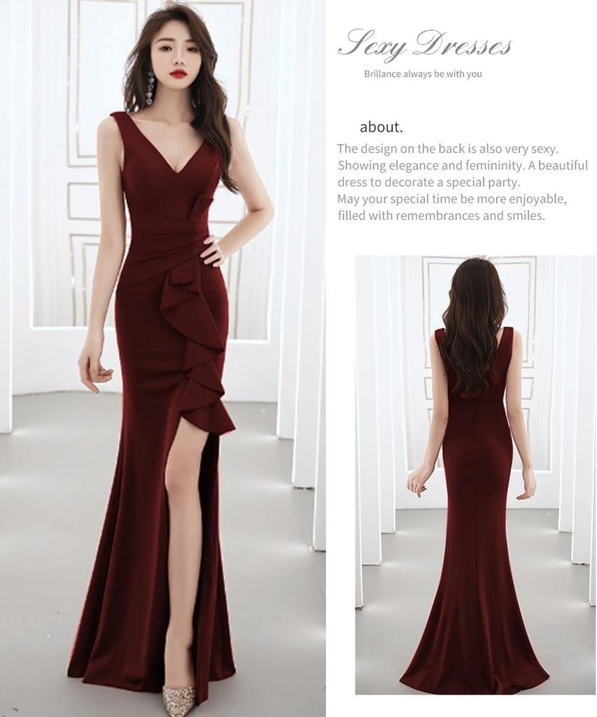 BaiFuFen Sexy Long Sleeveless Dress for and New Elegant Back Ruffle Slit Dress for Elegant Women's V-Neck Weddings, Concerts, Receptions, Year's