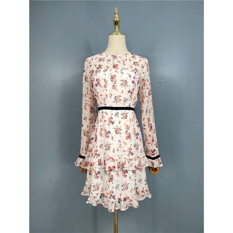 

Export Single Lu Home Lady Long Sleeve Exquisite Print Fashion Chiffon All-Matching Graceful Elegant and Personalized Dress Pink White XS