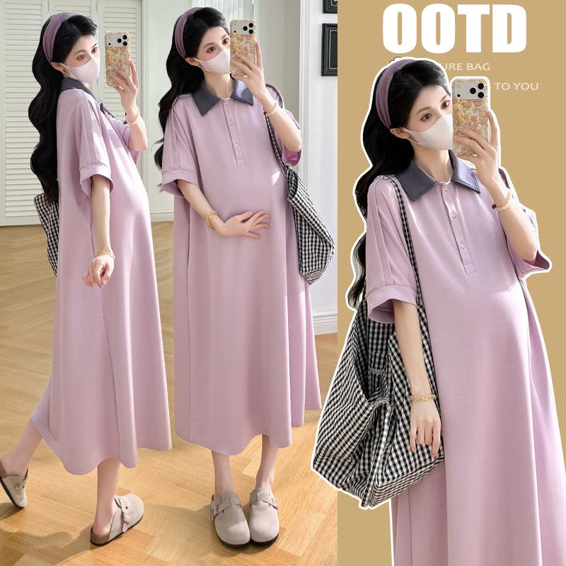 Maternity Polo Collar Loose Long Summer Dress - Comfortable Gentle Style for Pregnancy L