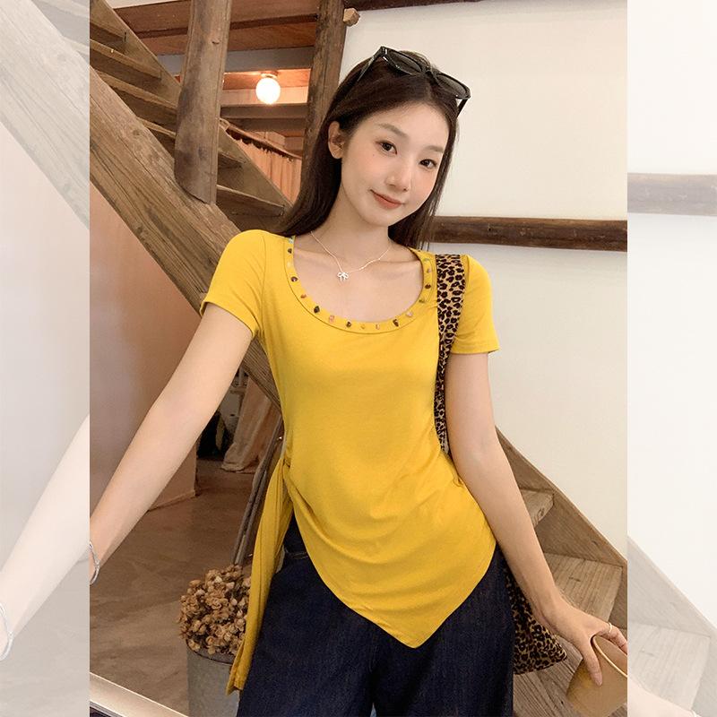 Super fire unique irregular hem yellow top women's summer pleated straps waist pinch waist thin short sleeves